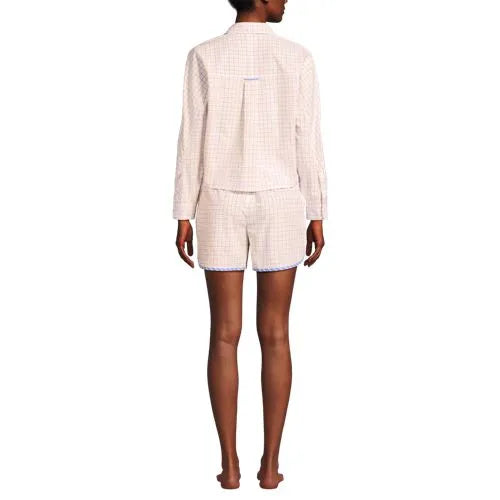 Women's Cotton Poplin 2 Piece Pajama Set - Long Sleeve Top and Shorts with Piping