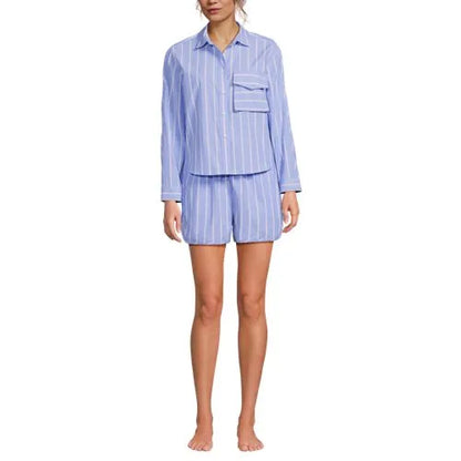 Women's Cotton Poplin 2 Piece Pajama Set - Long Sleeve Top and Shorts with Piping