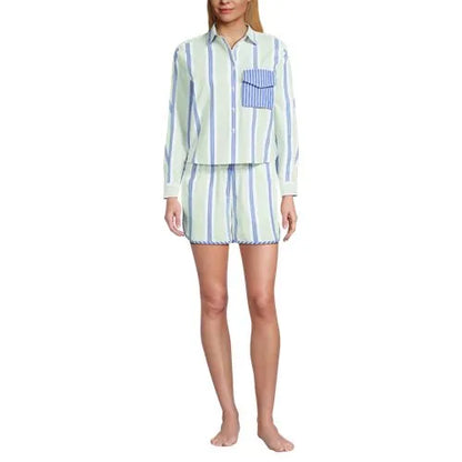 Women's Cotton Poplin 2 Piece Pajama Set - Long Sleeve Top and Shorts with Piping