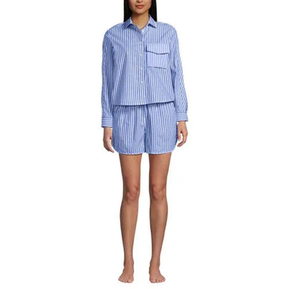Women's Cotton Poplin 2 Piece Pajama Set - Long Sleeve Top and Shorts with Piping