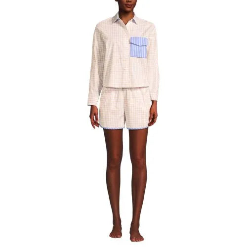 Women's Cotton Poplin 2 Piece Pajama Set - Long Sleeve Top and Shorts with Piping