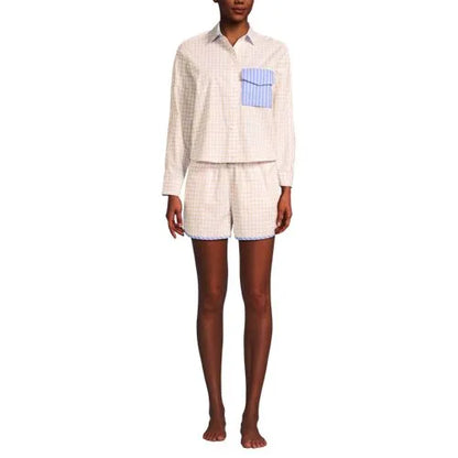 Women's Cotton Poplin 2 Piece Pajama Set - Long Sleeve Top and Shorts with Piping