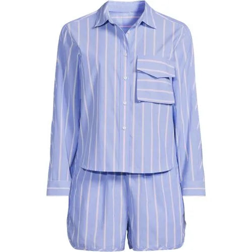 Women's Cotton Poplin 2 Piece Pajama Set - Long Sleeve Top and Shorts with Piping