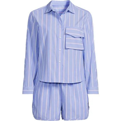 Women's Cotton Poplin 2 Piece Pajama Set - Long Sleeve Top and Shorts with Piping