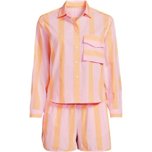 Women's Cotton Poplin 2 Piece Pajama Set - Long Sleeve Top and Shorts with Piping