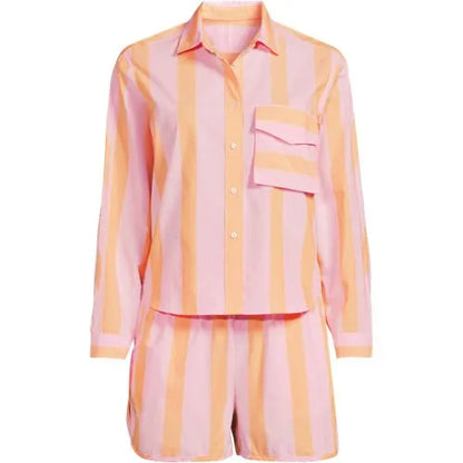 Women's Cotton Poplin 2 Piece Pajama Set - Long Sleeve Top and Shorts with Piping