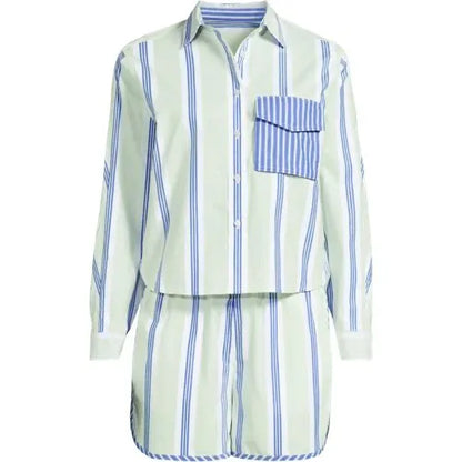 Women's Cotton Poplin 2 Piece Pajama Set - Long Sleeve Top and Shorts with Piping