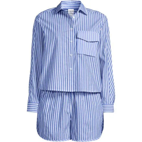 Women's Cotton Poplin 2 Piece Pajama Set - Long Sleeve Top and Shorts with Piping