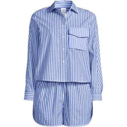 Women's Cotton Poplin 2 Piece Pajama Set - Long Sleeve Top and Shorts with Piping