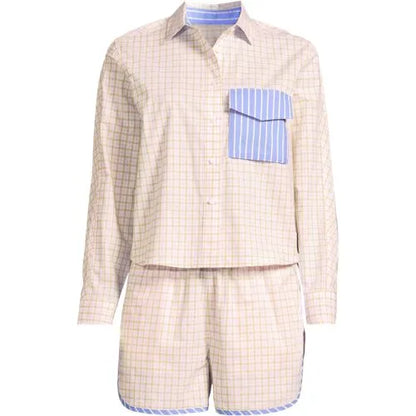Women's Cotton Poplin 2 Piece Pajama Set - Long Sleeve Top and Shorts with Piping