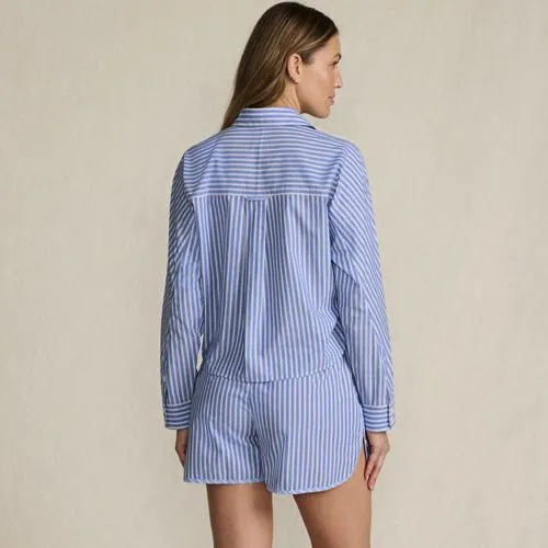 Women's Cotton Poplin 2 Piece Pajama Set - Long Sleeve Top and Shorts with Piping