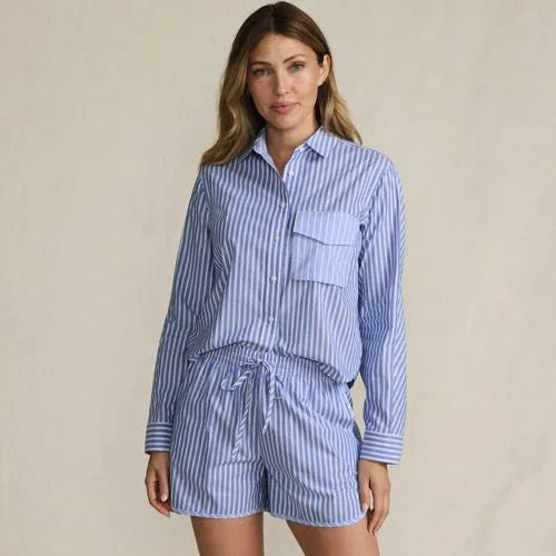 Women's Cotton Poplin 2 Piece Pajama Set - Long Sleeve Top and Shorts with Piping
