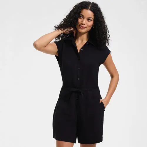 Women's Cap Sleeve Creaseless Button-Down Romper