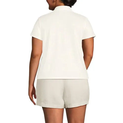 Women's Linen Blend Short Sleeve Button Front Polo Top