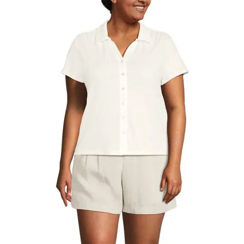 Women's Linen Blend Short Sleeve Button Front Polo Top