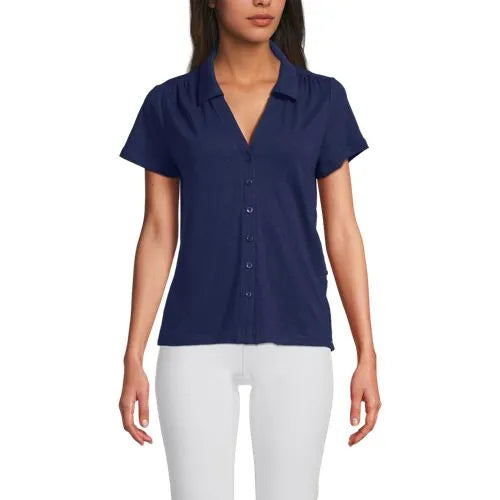 Women's Linen Blend Short Sleeve Button Front Polo Top