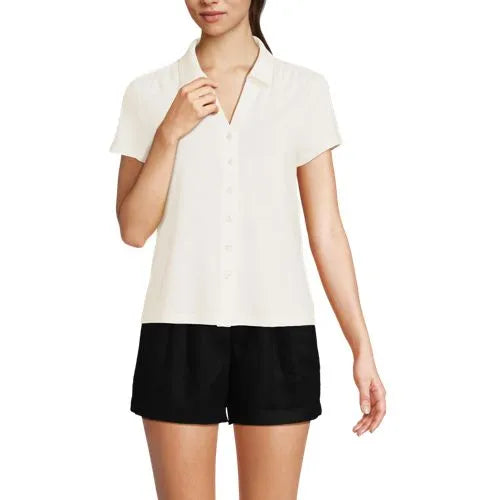 Women's Linen Blend Short Sleeve Button Front Polo Top