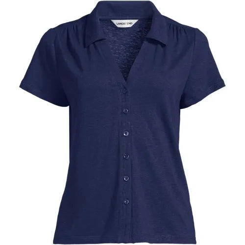 Women's Linen Blend Short Sleeve Button Front Polo Top