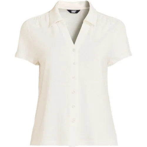 Women's Linen Blend Short Sleeve Button Front Polo Top
