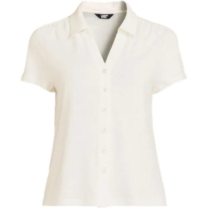 Women's Linen Blend Short Sleeve Button Front Polo Top