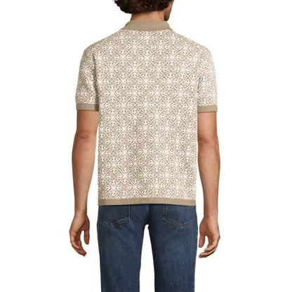 Men's Short Sleeve Tile Jacquard Button Down Sweater Polo