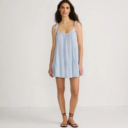 Women's Oversized Cotton Gauze Metallic Tiered Mini Cover-up Dress