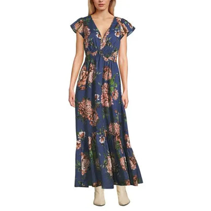 Women's V-neck Flutter Sleeve Maxi Dress