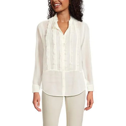Women's Chiffon Ruffle Front Long Sleeve Top