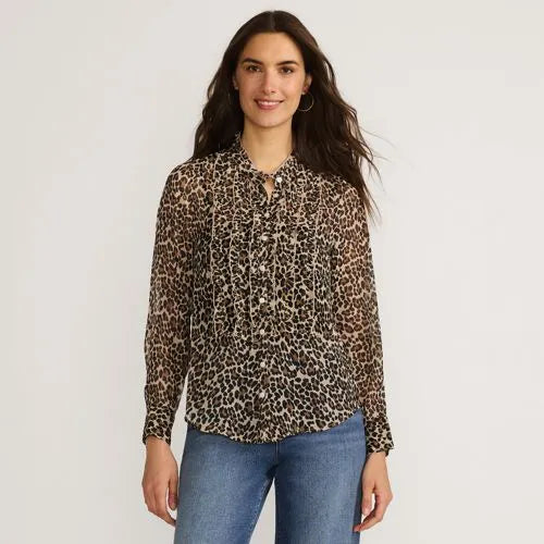 Women's Chiffon Ruffle Front Long Sleeve Top