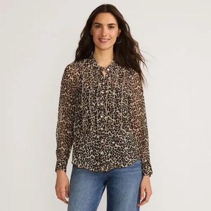 Women's Chiffon Ruffle Front Long Sleeve Top