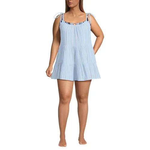 Women's Oversized Cotton Gauze Metallic Tiered Mini Cover-up Dress