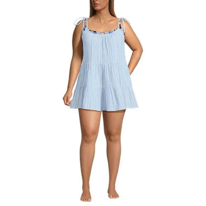 Women's Oversized Cotton Gauze Metallic Tiered Mini Cover-up Dress