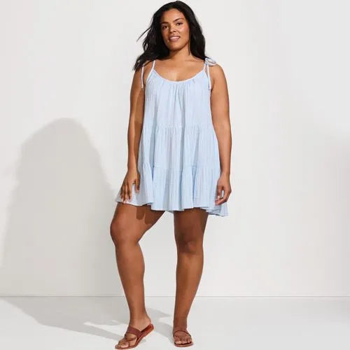 Women's Oversized Cotton Gauze Metallic Tiered Mini Cover-up Dress
