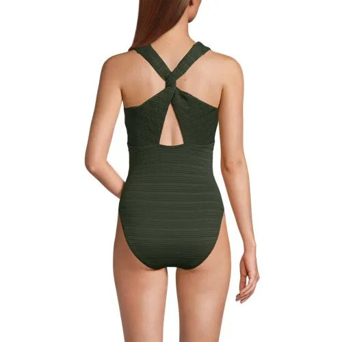 Women's Seersucker Plunge Twist Back Ultra High Leg One Piece Swimsuit