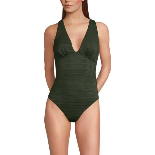 Women's Seersucker Plunge Twist Back Ultra High Leg One Piece Swimsuit