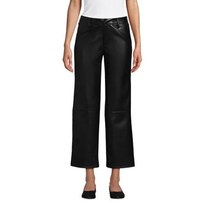Women Faux Leather Mid Rise Relaxed Straight Leg Crop Pants