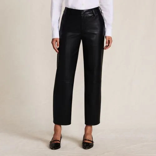 Women Faux Leather Mid Rise Relaxed Straight Leg Crop Pants