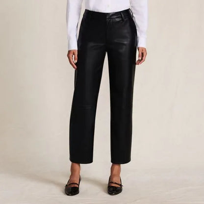 Women Faux Leather Mid Rise Relaxed Straight Leg Crop Pants