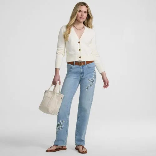 Women's Soft Denim Mid Rise Relaxed Straight Leg Embroidered Jeans
