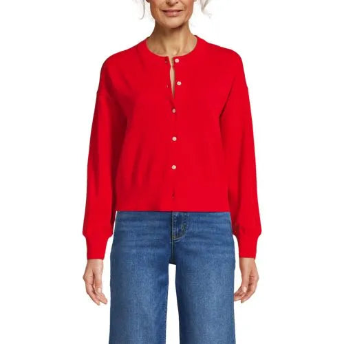 Women's Modern Length Fine Gauge Crew Neck Cardigan Sweater