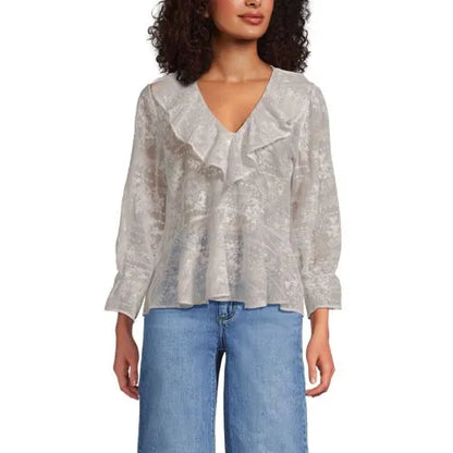 Women's Feminine Ruffle Chiffon V-neck Blouse