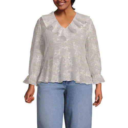 Women's Feminine Ruffle Chiffon V-neck Blouse