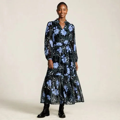 Women's Chiffon Tiered Long Sleeve Maxi Dress