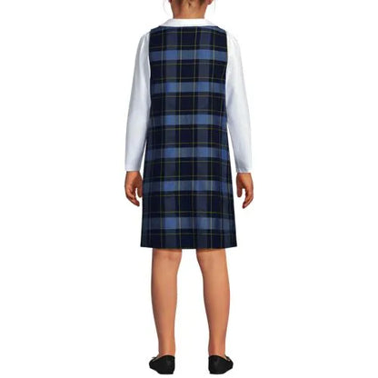 School Uniform Girls Plaid Button Shoulder Patch Pocket Jumper