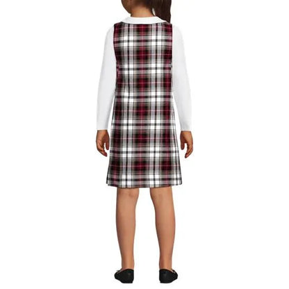School Uniform Girls Plaid Button Shoulder Patch Pocket Jumper