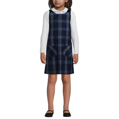 School Uniform Girls Plaid Button Shoulder Patch Pocket Jumper