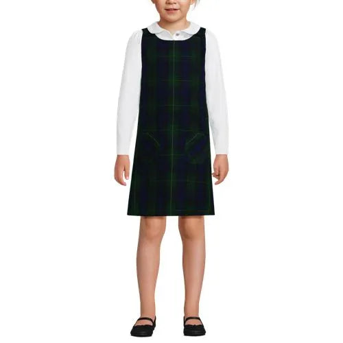 School Uniform Girls Plaid Button Shoulder Patch Pocket Jumper
