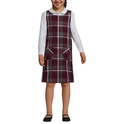 School Uniform Girls Plaid Button Shoulder Patch Pocket Jumper
