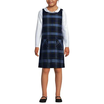 School Uniform Girls Plaid Button Shoulder Patch Pocket Jumper