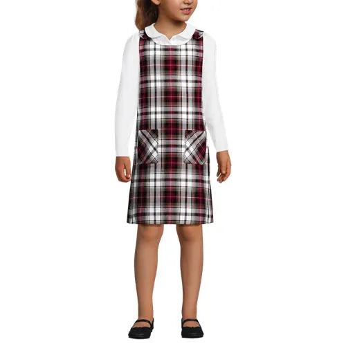 School Uniform Girls Plaid Button Shoulder Patch Pocket Jumper